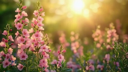 Wall Mural - Sunlit pink hollyhocks blooming in tranquil garden at sunset