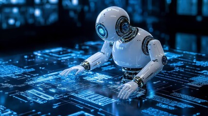 Futuristic Robot Interacting with Advanced Digital Interface
