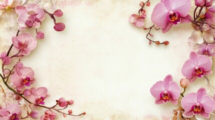 Wall Mural - Elegant pink orchid flowers framing a blank space for text or design in a soft pastel background