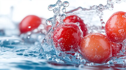 Wall Mural - Fresh red fruits splashing in clear water, creating a vibrant and refreshing visual effect.