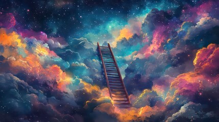 Wall Mural - celestial ladder rising through a starry sky symbolizing the pursuit of dreams surrounded by vibrant