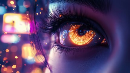 Wall Mural - close-up of of eyes, reflecting neon signs and city lights, hinting at hidden emotions and curiosity