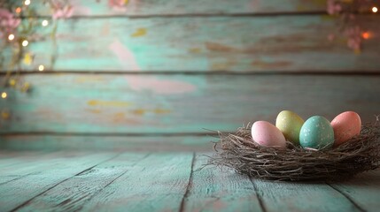 Colorful Easter eggs in a nest on a wooden surface decorated for spring celebration