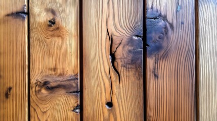 Knotted natural timber pine planks wooden pattern background.