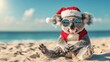 © florynstudio3 - Cool koala santa claus on sunny beach resort, scenic ocean background. Australian summer christmas happy new year festive season greeting card, holiday maker creative wildlife animal 3d digital poster