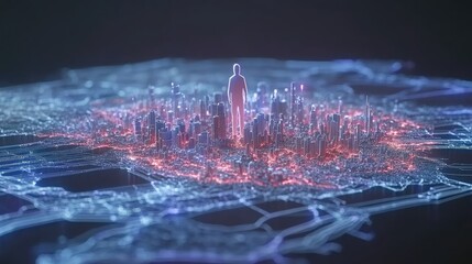 Wall Mural - a holographic figure stands amidst a vibrant digital cityscape connected by glowing lines. ideal for