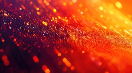 A close-up of computer code in vibrant red and orange, digital data processing on a screen with a blurred bokeh effect in the background.