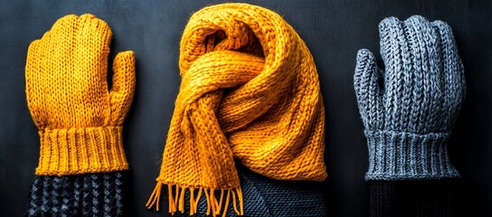 Mustard yellow knitted scarf and grey and yellow mittens on dark background.