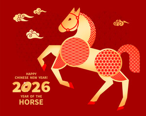 Wall Mural - Horse is a symbol of the 2026 Chinese New Year. Figure of Horse in geometric style, adorned traditional chinese patterns. Holiday vector illustration of Zodiac Sign for greeting card, banner, calendar