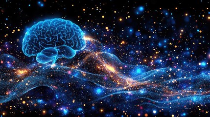 Wall Mural - a glowing blue brain floats above swirling waves of colorful particles. ideal for visualizing consci