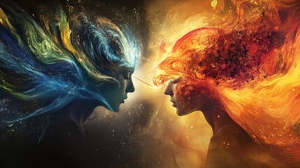 Poster - A dramatic depiction of elemental forces, featuring two ethereal figures representing fire and water.