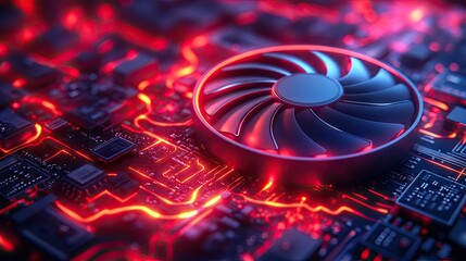 Wall Mural - close-up of a computer fan on a circuit board with glowing red lights. ideal for technology websites