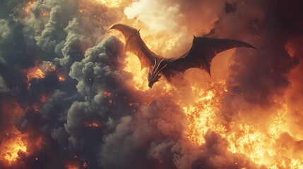 Wall Mural - A fire-breathing dragon soaring through a sky filled with smoke and embers