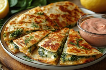 Wall Mural - Delicious spinach and cheese quesadillas garnished with fresh dill and served with dipping sauce