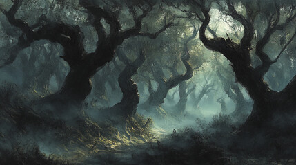 Sticker - spooky forest scene with gnarled tree branches and misty atmosphere