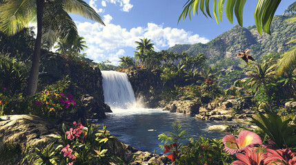 Sticker - stunning tropical paradise featuring waterfall, lush greenery, and vibrant flowers