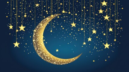 Poster - A dreamy night scene featuring a golden crescent moon and sparkling stars against a blue background.