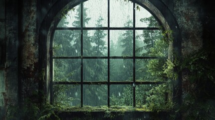 Sticker - Ruined window revealing lush forest during a rainy day