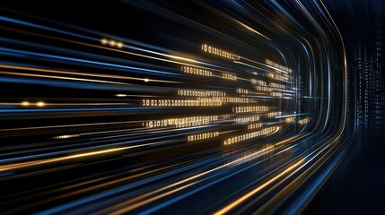 Wall Mural - glowing blue lines and numbers stretch across a dark background, creating an immersive digital techn