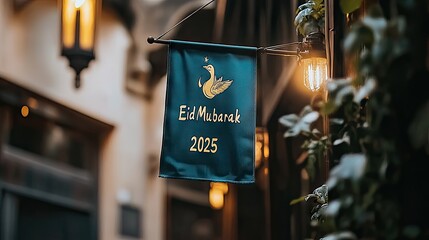 Poster - A teal Eid Mubarak 2025 banner hangs outside a building.  Use this image for social media posts, articles, or event promotions.