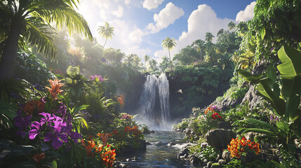 Sticker - vibrant tropical setting with dramatic waterfall and lush greenery