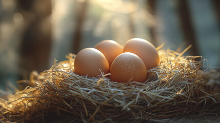 Freshly laid eggs in cozy nest surrounded by straw, radiating warmth