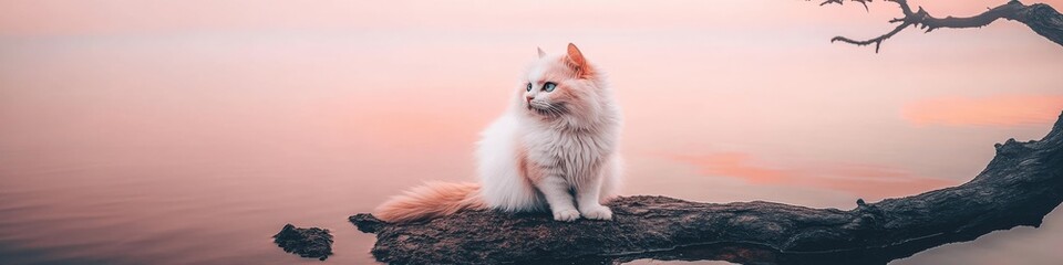 Wall Mural - Scenic Sunset Tranquility: Fluffy White Cat Resting on Cliffside Tree Branch Blending Peacefully into Vibrant Pink and Orange Skies over Serene Waters