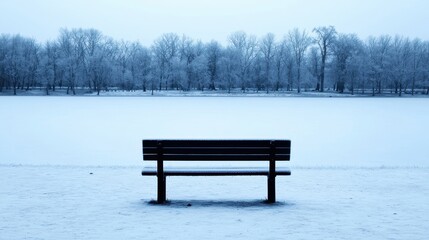 Wall Mural - Serene Winter Landscape with Empty Bench by Snowy Lake Under Soft Blue Light