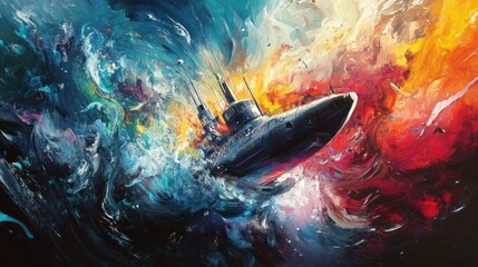 Poster - A dynamic underwater scene featuring a submarine amidst vibrant, swirling colors.