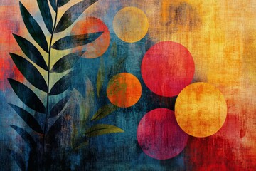 Poster - Colorful abstract design with vibrant circles and leaves on textured backdrop