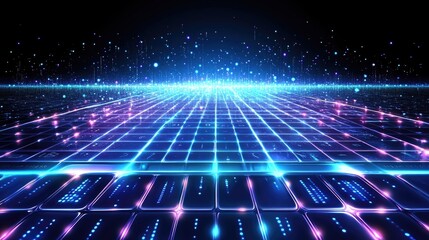 Wall Mural - a futuristic grid landscape with glowing tiles and digital particles. ideal for technology presentat