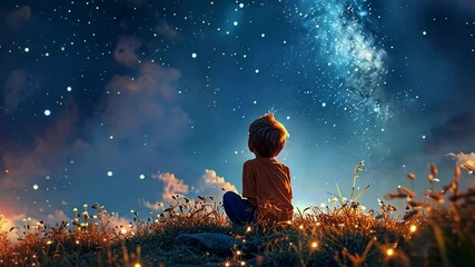Poster - A young child sits peacefully in a grassy field, looking up at a stunning night sky filled with stars and cosmic swirls. The scene evokes a sense of wonder and exploration.