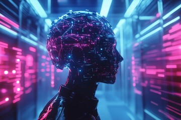 cybernetic head, glowing circuits, neon background.
