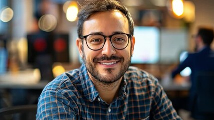 Poster - A young man with glasses smiles warmly while sitting at a desk in a contemporary office filled with bright light.