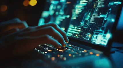 Hands typing on a laptop with digital data display.