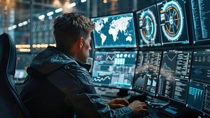Leinwandbilder - A person is deeply focused on analyzing various data displays in a sophisticated control room. Multiple large screens show real-time global analytics and metrics.