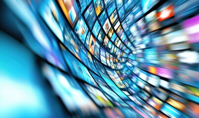 dynamic visual representation of digital media streaming, showcasing a swirling array of colorful sc
