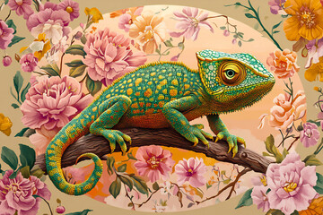 3d green chameleon, tropical flowers, twigs and leaves. Botanical bright 3d illustration isolated on floral background. 
