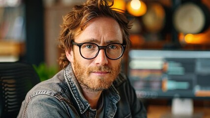 Poster - A focused individual with glasses and tousled hair is engaged in creative work at a desk. Surrounded by warm lighting and technology, the atmosphere is vibrant and inspiring, enhancing productivity.