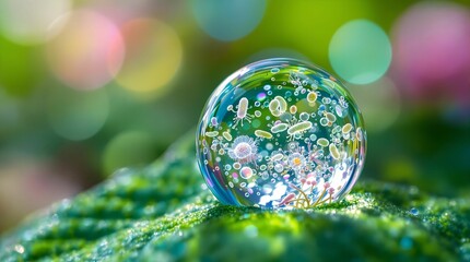 Fototapete - colorful and vibrant flower garden with a clear glass dome resting on the ground, reflecting the garden's beauty.