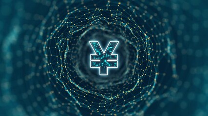Wall Mural - motion graphic of blue digital money logo and tunnel line connection with cryptocurrency finance and