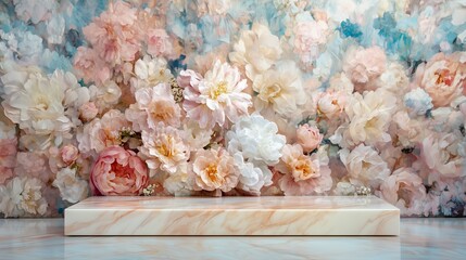 Wall Mural - A serene display featuring pastel-colored flowers against a soft, dreamy backdrop, creating a tranquil and artistic ambiance.