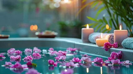 Aufkleber - A tranquil home spa scene features floating flower petals and soft candlelight, creating a soothing atmosphere for relaxation and wellness during the evening.