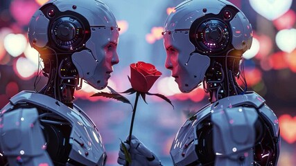 Aufkleber - Two humanoid robots stand facing each other in a lively urban setting, holding a red rose. The colorful lights of the city create a romantic atmosphere, perfect for Valentine's Day.