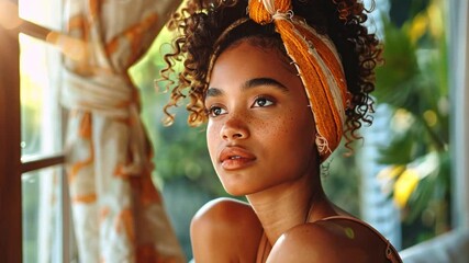 Aufkleber - A young woman with curly hair and a vibrant headwrap poses gracefully in a sunlit room. The warm ambiance highlights her features, showcasing a sense of serenity and wellness.