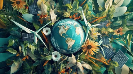 Wall Mural - vibrant 3d collage celebrates earth day, showcasing wind turbines, solar panels, and rich greenery, 