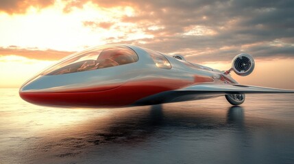Aufkleber - A futuristic aircraft design with a sleek, aerodynamic shape and jet engines, set against a sunset.
