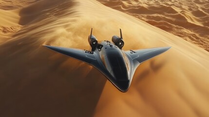 Aufkleber - A futuristic aircraft gliding over a sandy landscape, showcasing advanced design and technology.