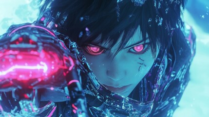 Poster - A futuristic character with glowing eyes and a high-tech arm, poised in an action stance.