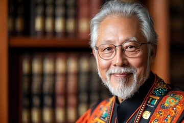 A portrait of a senior judge in traditional attire, standing in front of a bookshelf filled with legal volumes